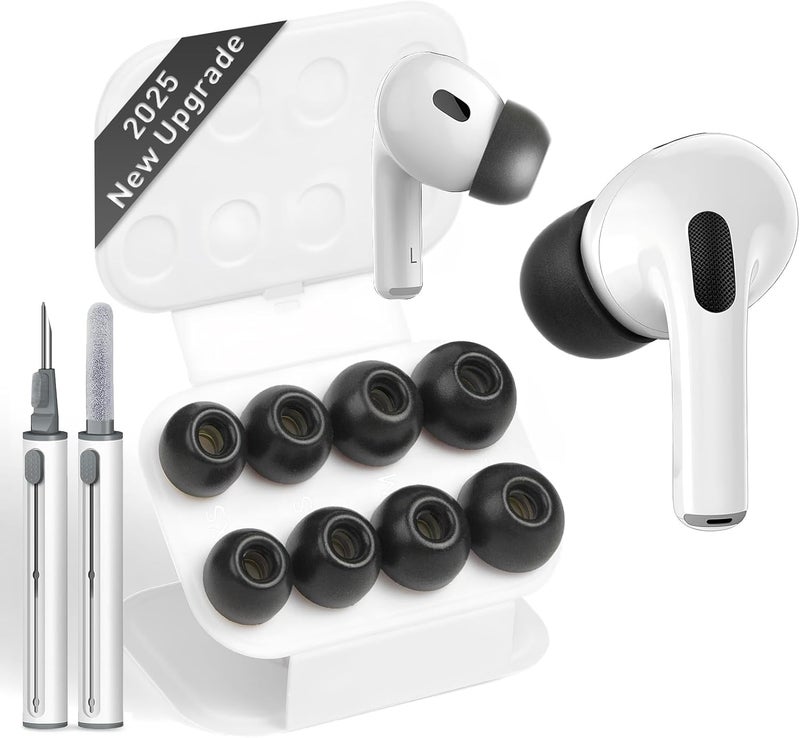 Vsagier Memory Foam Ear Tips for AirPods Pro 1st & 2nd Gen, No Silicone Eartips Pain, Better Noise Cancellation, Replacement Buds with 3 in 1 Cleaner Kit and Fit in Charging Case (Black, XS/S/M/L) - Image 1
